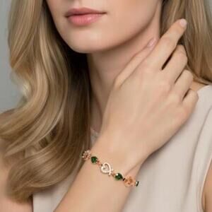 14K Gold Plated Green Heart Link Bracelet Crystal Rhinestone Minimalist Jewelry